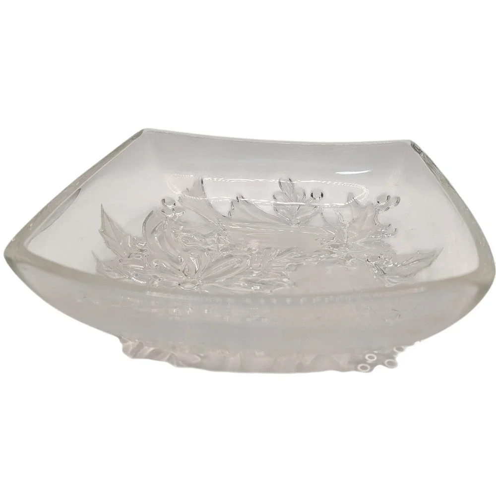 Vintage Gorham Crystal Square Bowl Dish Etched Cardinals Christmas Holly‎ Ribbon